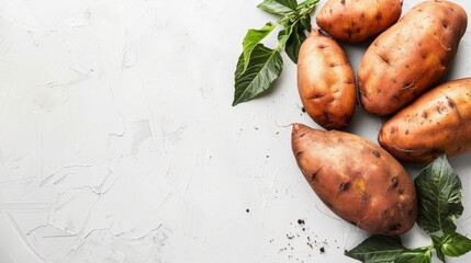 Wall Mural - Close-up image of five whole sweet potatoes on a white background with green leaves. Space for text on the right side of the frame