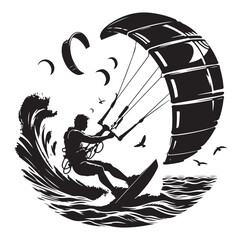 Wall Mural - Kitesurfing Kite Surfing logo, silhouette vector on white background.