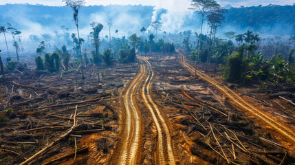 Vast areas of tropical forest have been cleared for human development, leaving behind barren land.