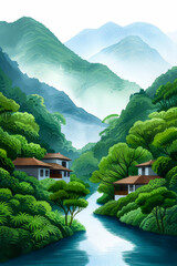 Wall Mural - Watercolor illustration of a tranquil hot springs village nestled in lush mountains with serene ambiance bright watercolour 