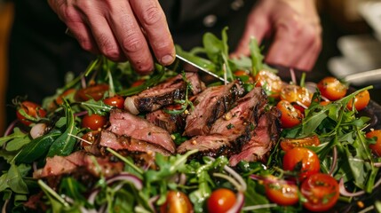 Wall Mural - A chef preparing a gourmet steak salad with mixed greens, cherry tomatoes, and slices of grilled sirloin steak.
