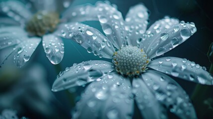 Aufkleber - A close-up view of water droplets forming beads on the petals of a white daisy in a dewy garden.