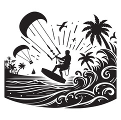 Wall Mural - Kitesurfing Kite Surfing logo, silhouette vector on white background.