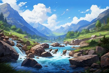 Fabulous landscape of the river in the mountains, warm sunset light. Panorama of mountain peaks, streams of water from mountain lakes. 3d illustration