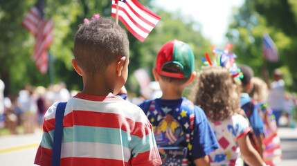 Colorful Diverse Children's Parade: Waving Young Patriots Marching with Pride