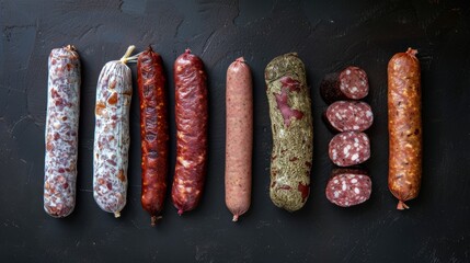 Sticker - A flat lay photograph of various homemade sausages, showcasing different types and flavors, arranged on a black background with copy space