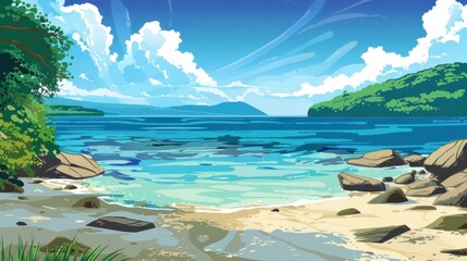 Wall Mural - Serene Anime Beach Landscape. Tranquil Ocean View with Blue Sky and White Clouds