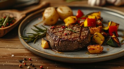 Wall Mural - A perfectly cooked ribeye steak sits on a plate with roasted vegetables, a sprig of rosemary, and peppercorns