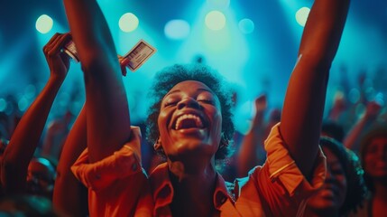 Wall Mural - A smiling concertgoer enthusiastically holds up their concert tickets in the air, surrounded by other attendees. The image captures the joy and excitement of attending a live music event