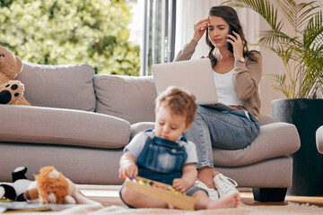 Canvas Print - Phone call, child and mother on sofa with laptop for discussion, conversation or information in living room. Boy, stress and woman with tech for kindergarten, registration or multitasking in home