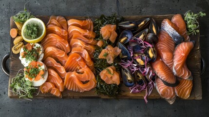 Poster - A charerie board filled with a variety of smoked salmon pickled mussels and seaweed salad.