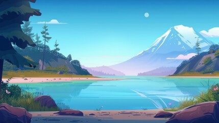 Wall Mural - Serene mountain lake landscape with clear blue water, snow capped peak, green forest and blue sky. Concept of nature, tranquility, escape, and adventure.