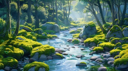 Canvas Print - Idyllic Forest River Landscape. Lush Green Moss, Tranquil Stream, Sunrays