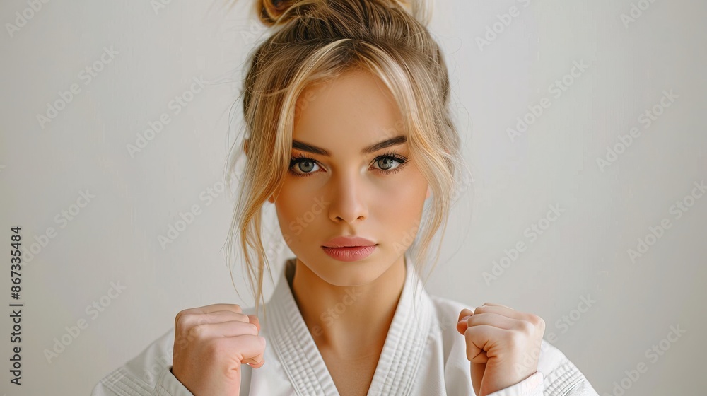 Beautiful blonde woman wear taekwondo costume, fighting pose Stock ...
