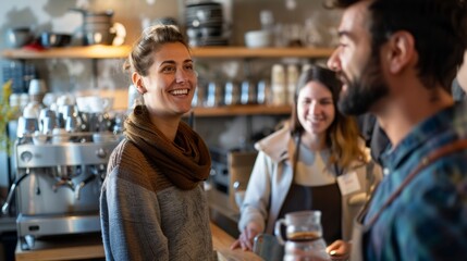 Customers engage in a coffee tasting workshop, listening attentively as a barista describes different flavors. Image reflects their energy and enthusiasm