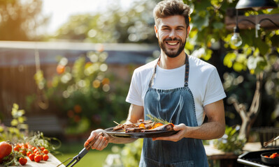 Wall Mural - A man in an apron is holding meat and vegetables on a plate. He has just barbecued them with his gas grill outside at home