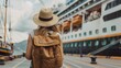 © PaulShlykov - Happy woman with backpack and hat while standing in front of a cruise ship, suggesting vacation and luxury travel.