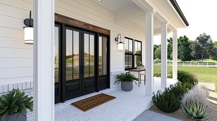 A black front door with glass panels is flanked by two stone pillars and potted flowers.