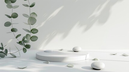 Poster - Minimalistic gypsum podium with stones on white background and eucalyptus leaves Round white catwalk for product and cosmetic presentations