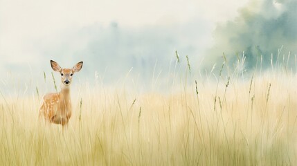 prairie landscape, tall grasses, grazing deer, watercolor style