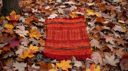 Wall Mural - A red and orange blanket is spread out on the ground surrounded by fallen leaves.