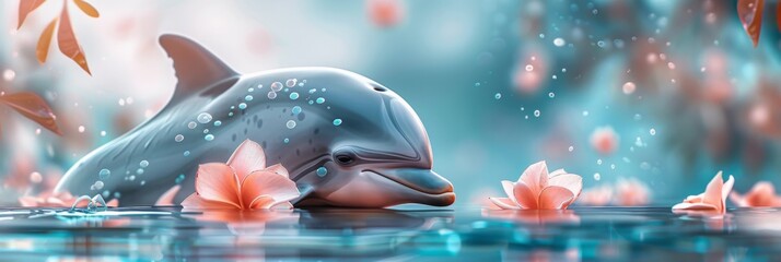 Wall Mural - Horizontal banner. World Whale and Dolphin Day. Cute dolphin swims in the sea, blue background with pink flowers. Marine animal protection concept. Free space for text