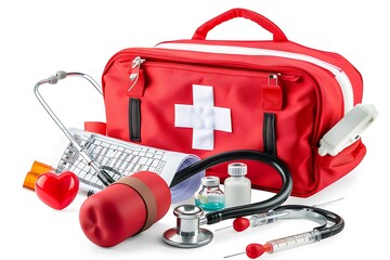 First aid kit with stethoscope and red heart isolated on white background