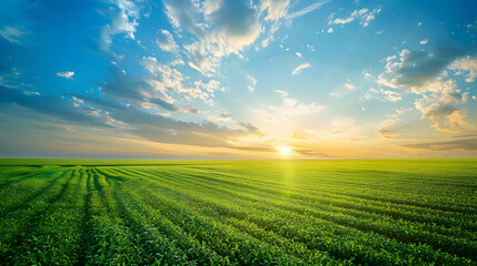 vast agricultural field at sunset, showcasing rows of vibrant soybean green crops under a vast sky isolated on white background, photo, png