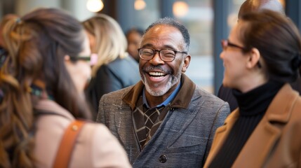 Wall Mural - A candid photo of a diverse group of business professionals, featuring a cheerful businessman engaged in conversation and laughter