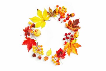 Wall Mural - wreath of fall leaves and berries on white background