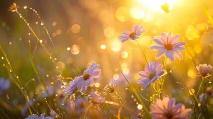 Wall Mural - A close-up photograph of delicate wildflowers blooming in a meadow during golden hour, with soft sunlight casting a warm glow on the petals