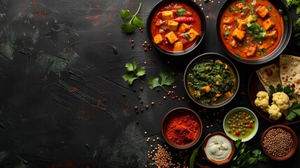 A close-up overhead shot of a vegetarian Indian meal spread across a dark table. The dishes include palak paneer, aloo toQxd, and various spices