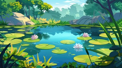 Wall Mural - Serene pond with lily pads, a tranquil nature illustration perfect for backgrounds, games, or environmental projects.