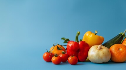 Wall Mural - A minimalist photo showcasing fresh produce on a vibrant blue background