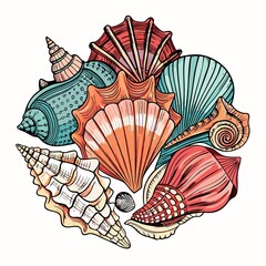Wall Mural - detailed hand-drawn illustration of collection of seashells isolated on white background, hand-drawn, beach, collection, seashells