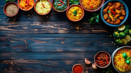 Canvas Print - An overhead view of colorful bowls of Indian food, including various curries, rice dishes, and vegetables, arranged on a dark wooden table
