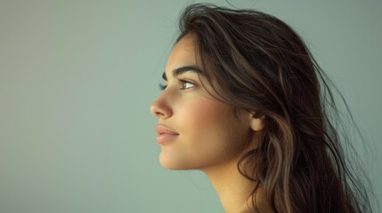 Wall Mural - Photo of a gorgeous Hispanic woman with long brown hair in a studio, looking over her shoulder as her hair blows in the breeze