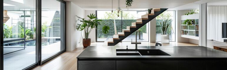 Black kitchen island with sink and wooden high end chandelier, modern staircase in the background of luxurious home interior with white walls and glass doors