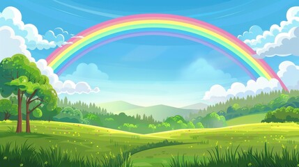 Wall Mural - Vibrant rainbow arching over a lush green landscape. Cartoon illustration of nature, hope, and beauty.