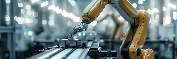 Wall Mural - robotic arm in industrial setting automating assembly line in manufacturing facility. concept roboti