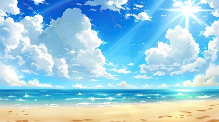 Wall Mural - Sunny summer background with a bright blue sky, fluffy white clouds, and a golden sandy beach.