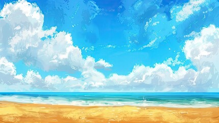 Wall Mural - Sunny summer background with a bright blue sky, fluffy white clouds, and a golden sandy beach.