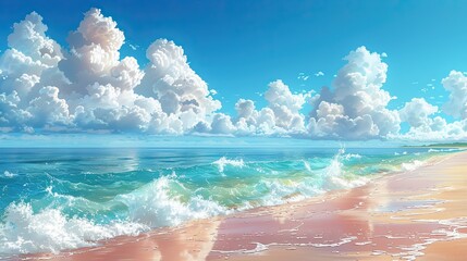 Wall Mural - Sunny summer background with a bright blue sky, fluffy white clouds, and a golden sandy beach.