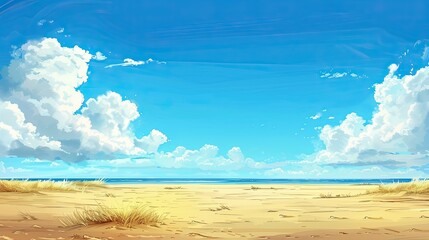 Wall Mural - Sunny summer background with a bright blue sky, fluffy white clouds, and a golden sandy beach.