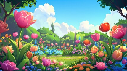 Wall Mural - Vibrant Illustration of a Lush Flower Garden in Bloom