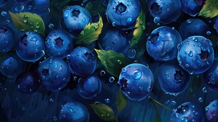 Wall Mural - Fresh juicy blueberries with green leaves. Useful berry, organic product, antioxidant, vitamins.