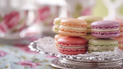 A close-up image of a stack of colorful macarons arranged neatly on a vintage silver platter. The macarons are a variety of colors, including pink, orange, purple, and green