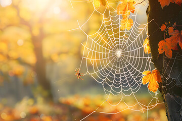 Wall Mural - Spider web on autumn morning.