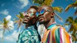 © Elmira - Two stylish young men, wearing vibrant clothing and holographic sunglasses, stand together smiling in a tropical setting with palm trees in the background