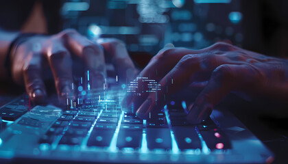 Closeup of hands typing on a keyboard with digital technology, software development concept. Coding programmer, software engineer working on laptop